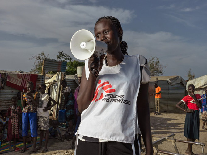 A volunteer of the medical charity group MSF is shown at work at a refugee center in South Sudan in 2022. (Twitter: @MSF_SouthSudan)